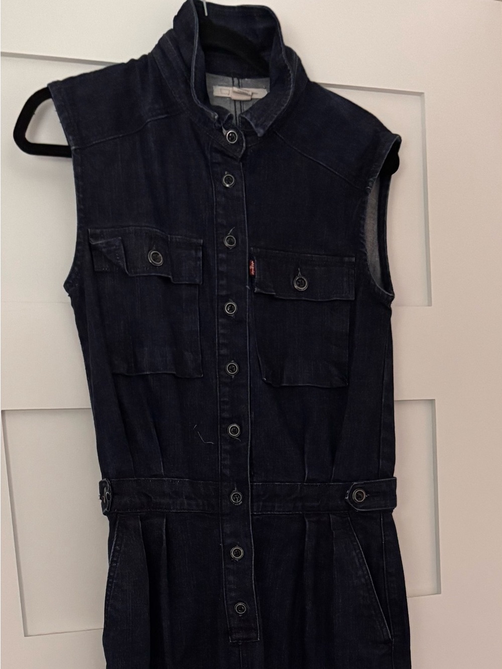 Signature by Levi Strauss Navy Sleeveless Button-Front Denim Jumpsuit